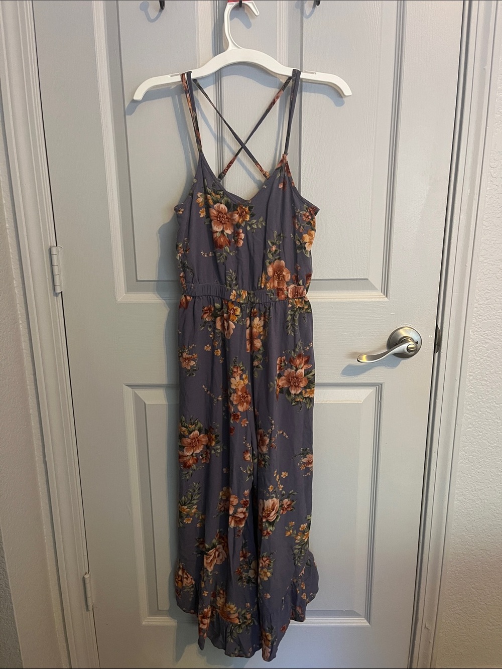 American Eagle Outfitters Slate Blue Floral Crisscross-Strap Jumpsuit